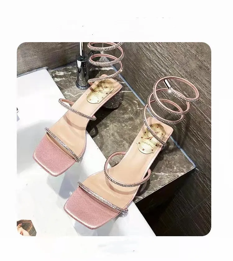 2022 Summer Women's Sandals Fashion Luxury Square Toe Club Rhinestone Snake Wrap High Heel Sandals Birthday Wedding Party Shoes