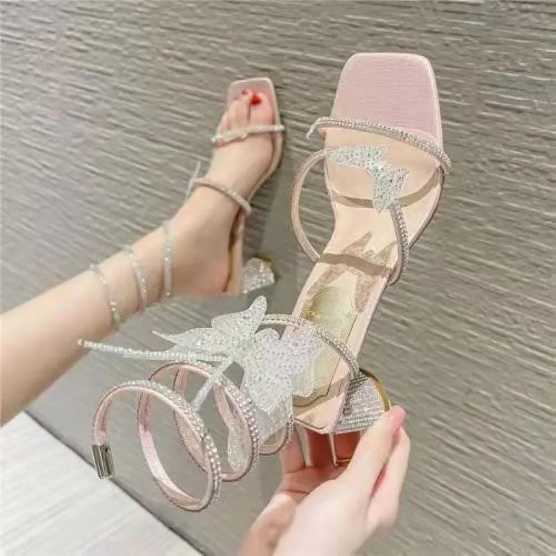 2022 Summer Women's Sandals Fashion Luxury Square Toe Club Rhinestone Snake Wrap High Heel Sandals Birthday Wedding Party Shoes