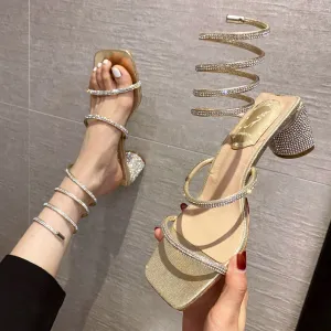 2022 Summer Women's Sandals Fashion Luxury Square Toe Club Rhinestone Snake Wrap High Heel Sandals Birthday Wedding Party Shoes