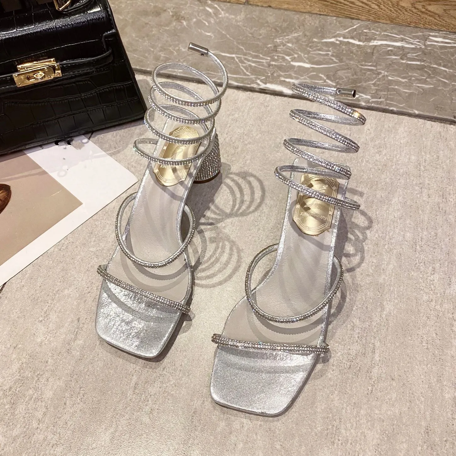 2022 Summer Women's Sandals Fashion Luxury Square Toe Club Rhinestone Snake Wrap High Heel Sandals Birthday Wedding Party Shoes
