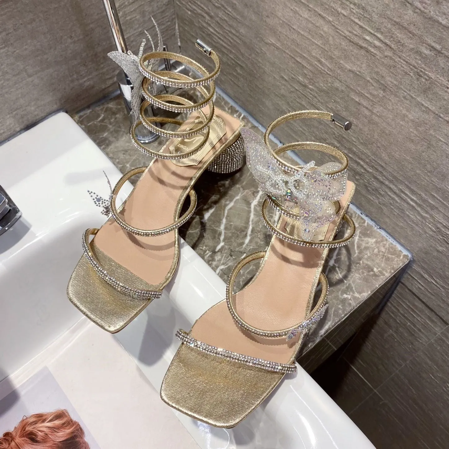 2022 Summer Women's Sandals Fashion Luxury Square Toe Club Rhinestone Snake Wrap High Heel Sandals Birthday Wedding Party Shoes