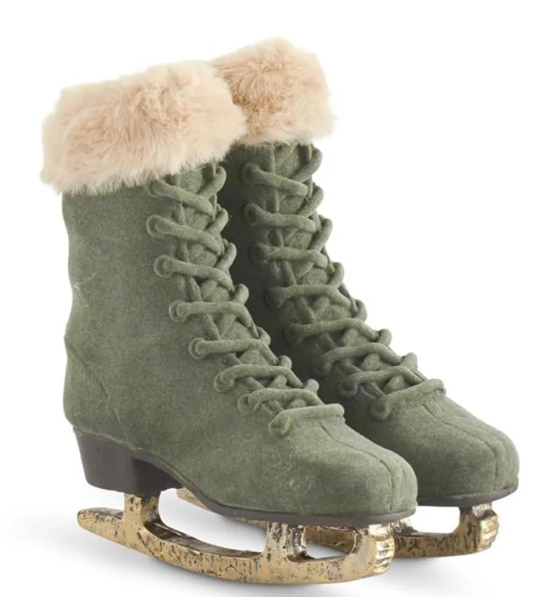 7 Inch - SAGE GREEN VELVET ICE SKATES W/BEIGE FAUX FUR TRIM