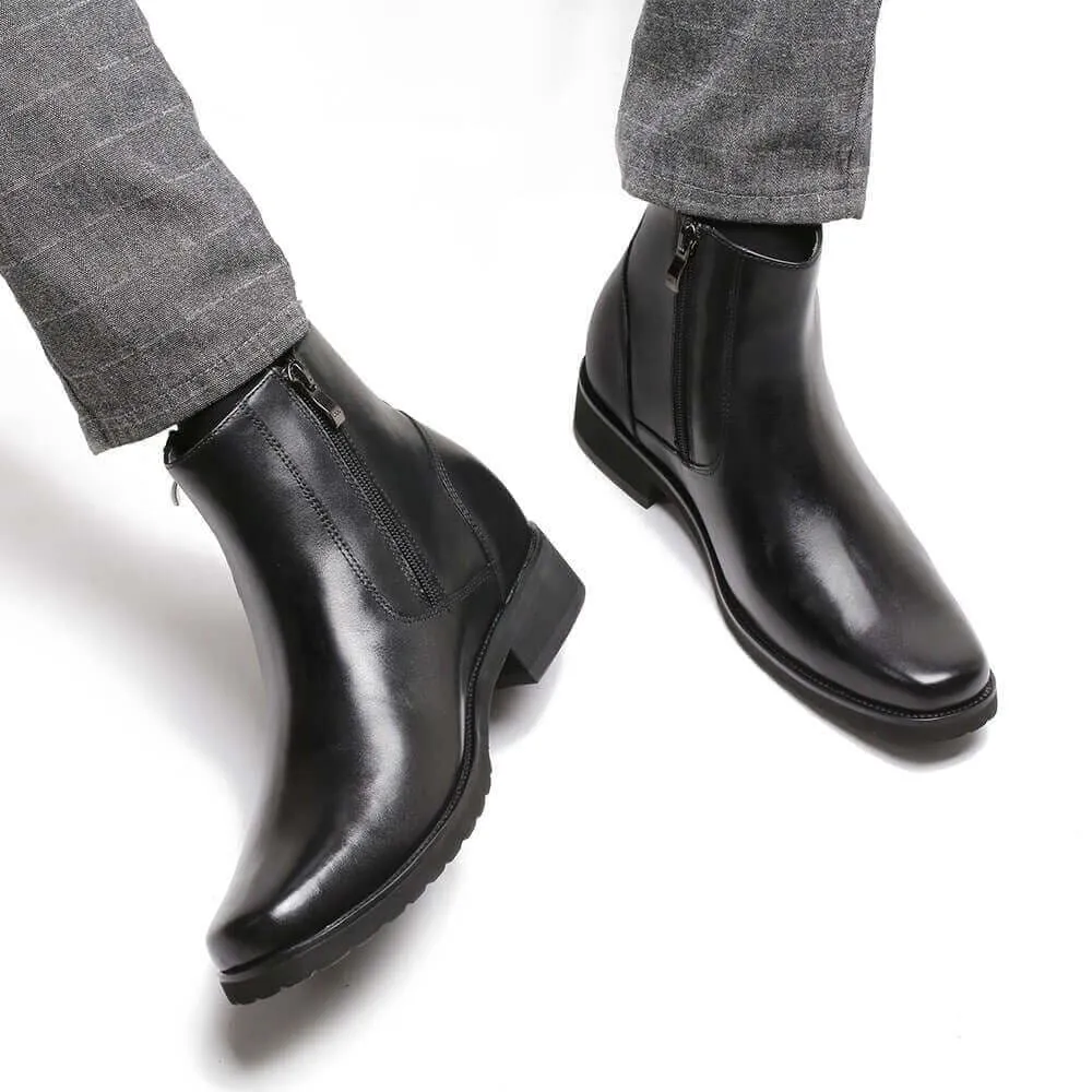 8CM / 3.15 Inches - CMR CHAMARIPA Elevator Boots For Men Black Leather With Side Zipper Boots Get Taller
