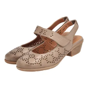 Barani Khaki Leather Heeled Sandals (Short, Perforated)