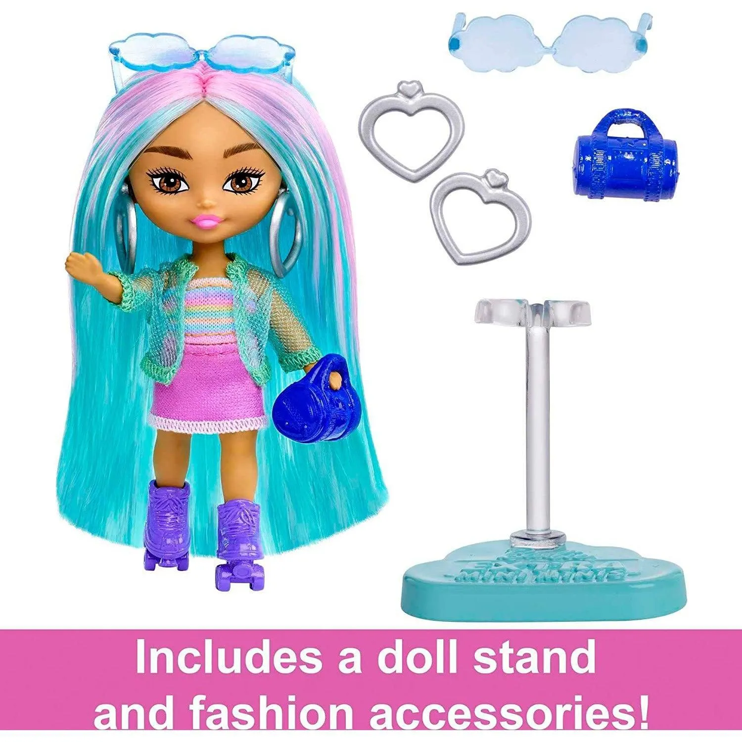 Barbie Extra Mini Minis Doll with Blue Hair, Sporty Outfit, Roller Skates & Accessories & Stand, 3.25-Inch