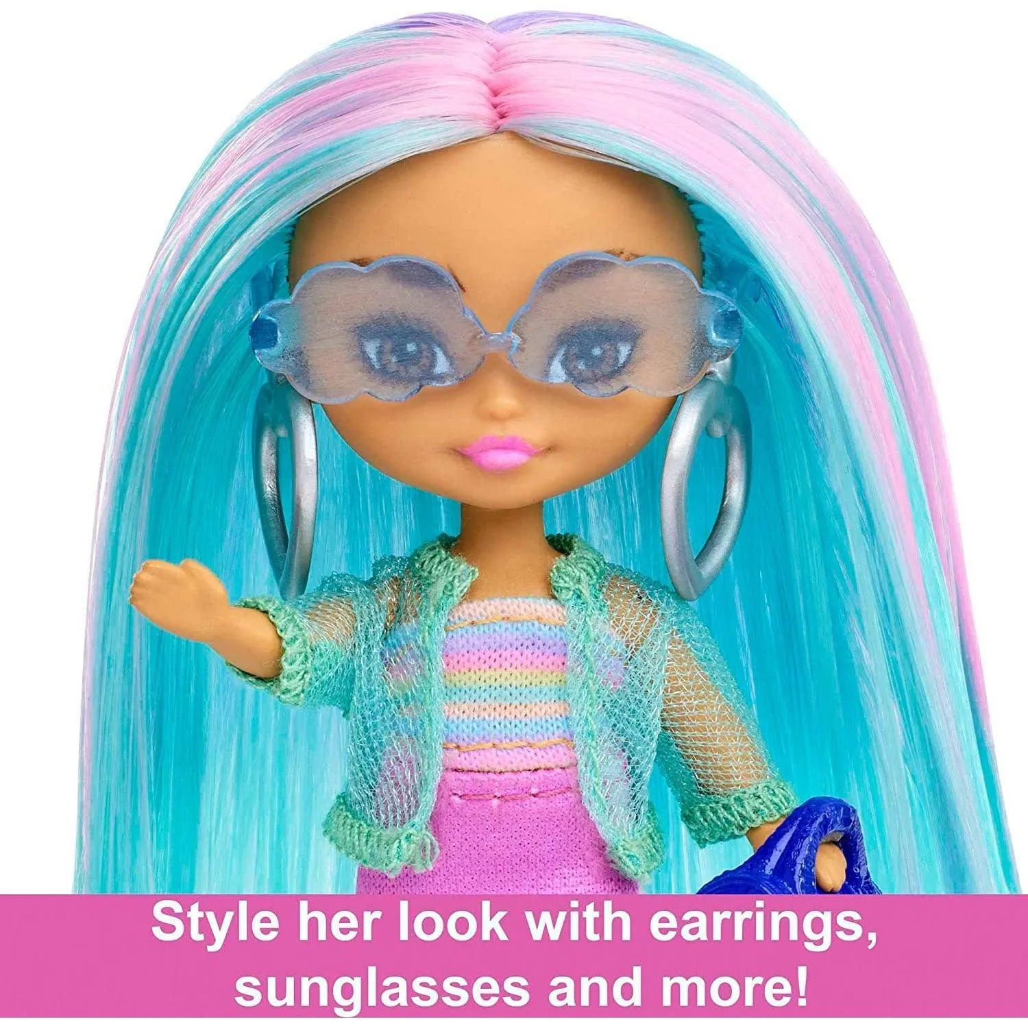 Barbie Extra Mini Minis Doll with Blue Hair, Sporty Outfit, Roller Skates & Accessories & Stand, 3.25-Inch