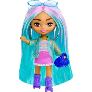Barbie Extra Mini Minis Doll with Blue Hair, Sporty Outfit, Roller Skates & Accessories & Stand, 3.25-Inch