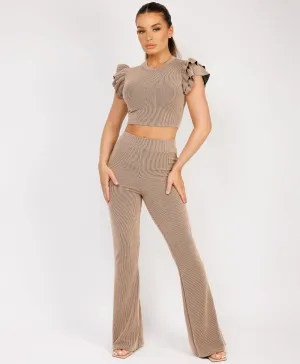 Beige Ribbed Frill Shoulder Short Sleeve Top & Skinny Flared Trouser Set