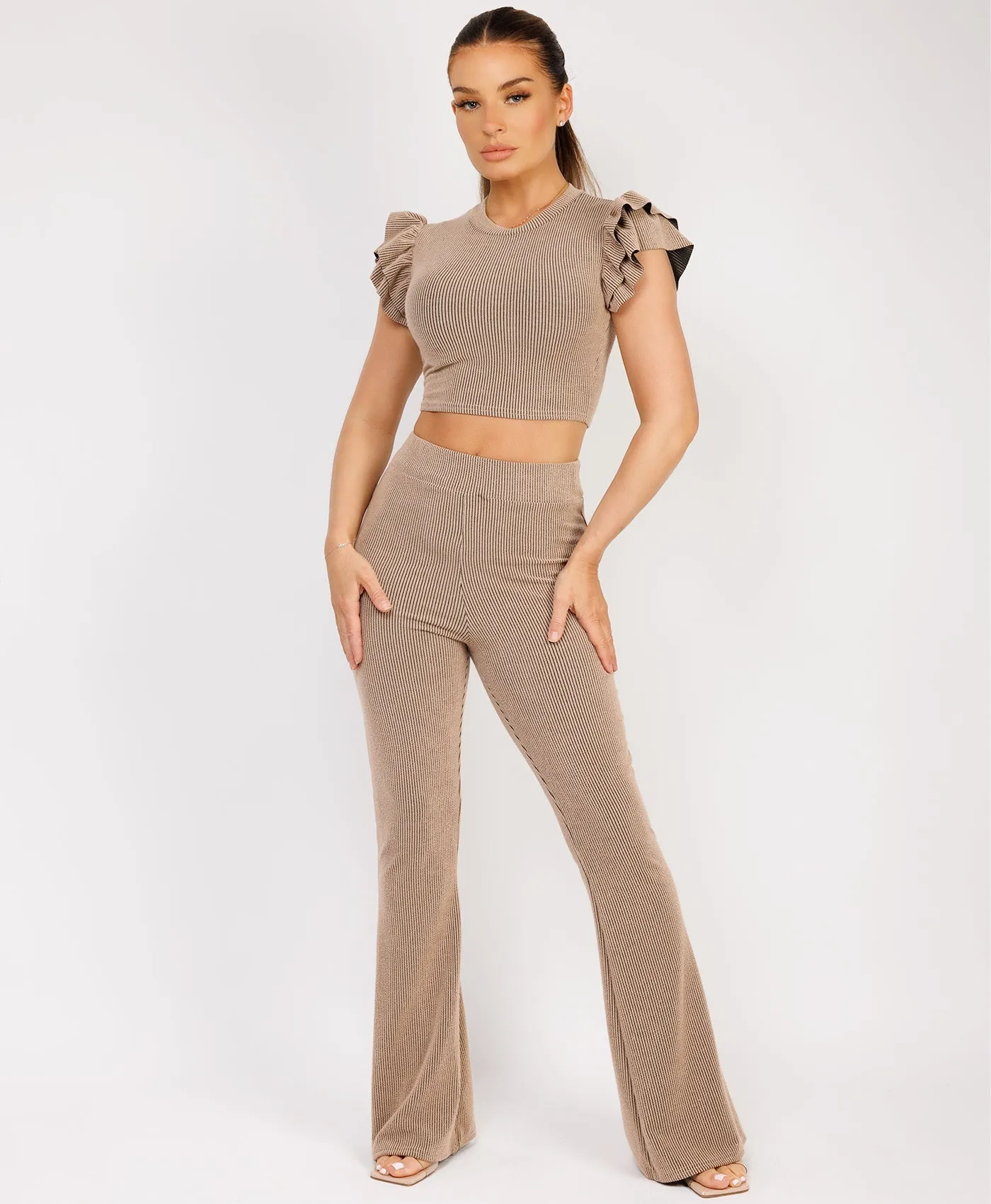 Beige Ribbed Frill Shoulder Short Sleeve Top & Skinny Flared Trouser Set