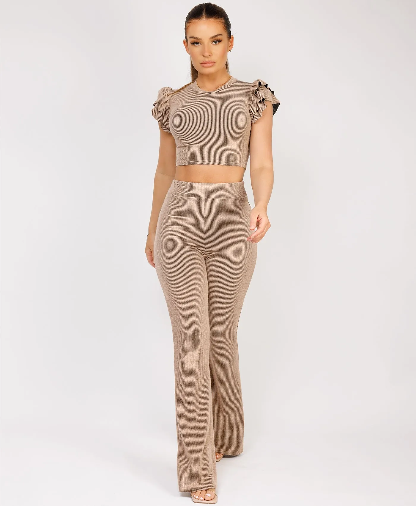Beige Ribbed Frill Shoulder Short Sleeve Top & Skinny Flared Trouser Set