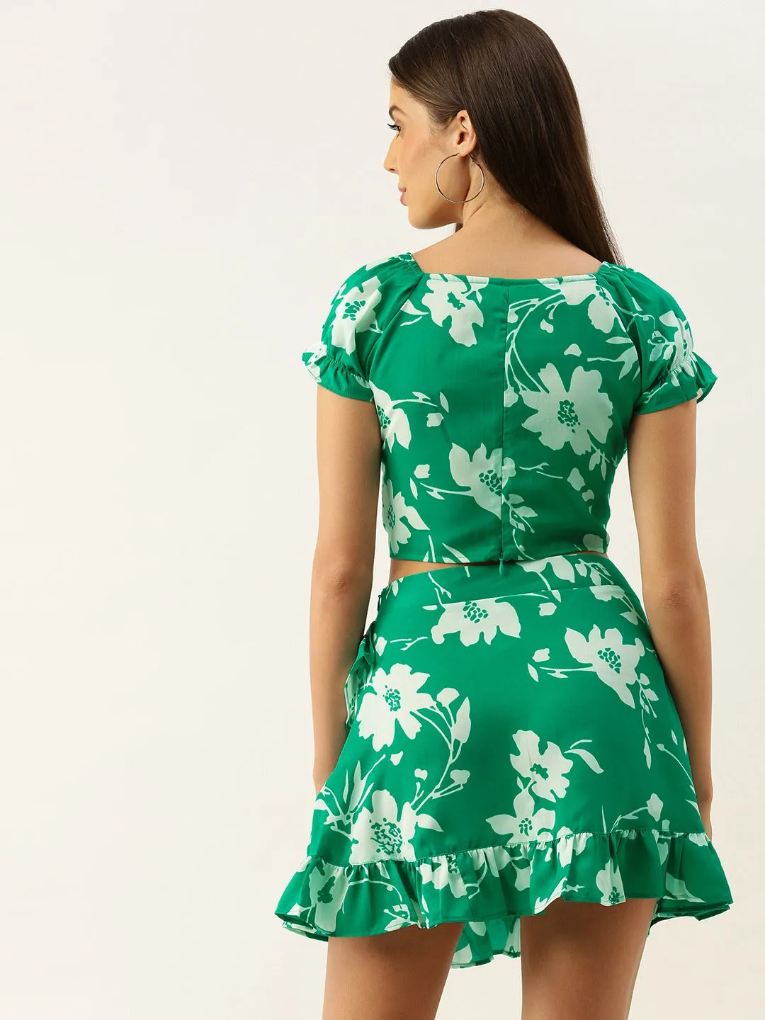 Berrylush Women Green Floral Printed V-Neck Fit & Flare Co-Ordinate Mini Dress