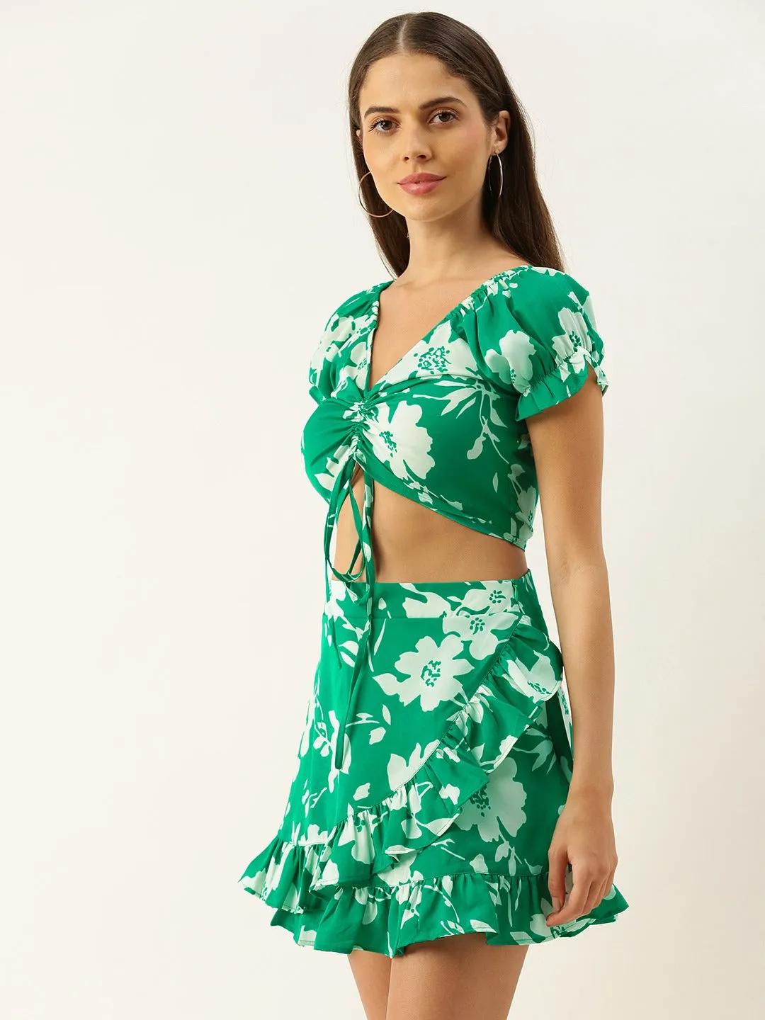 Berrylush Women Green Floral Printed V-Neck Fit & Flare Co-Ordinate Mini Dress
