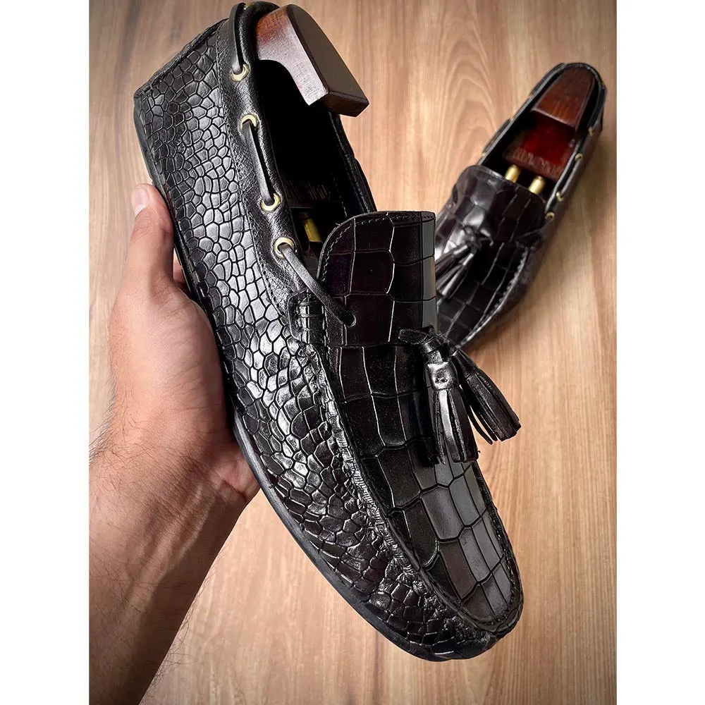 Black Croco Glossed Tassel Driving Loafers