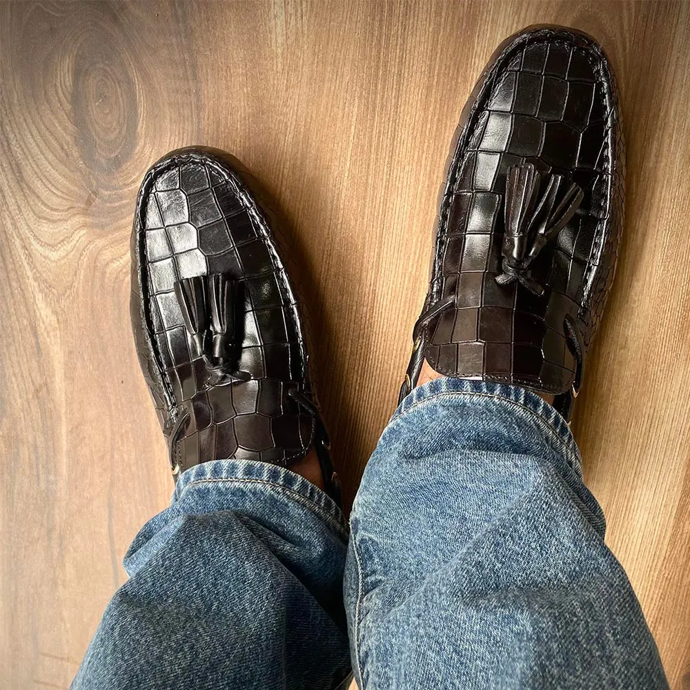Black Croco Glossed Tassel Driving Loafers