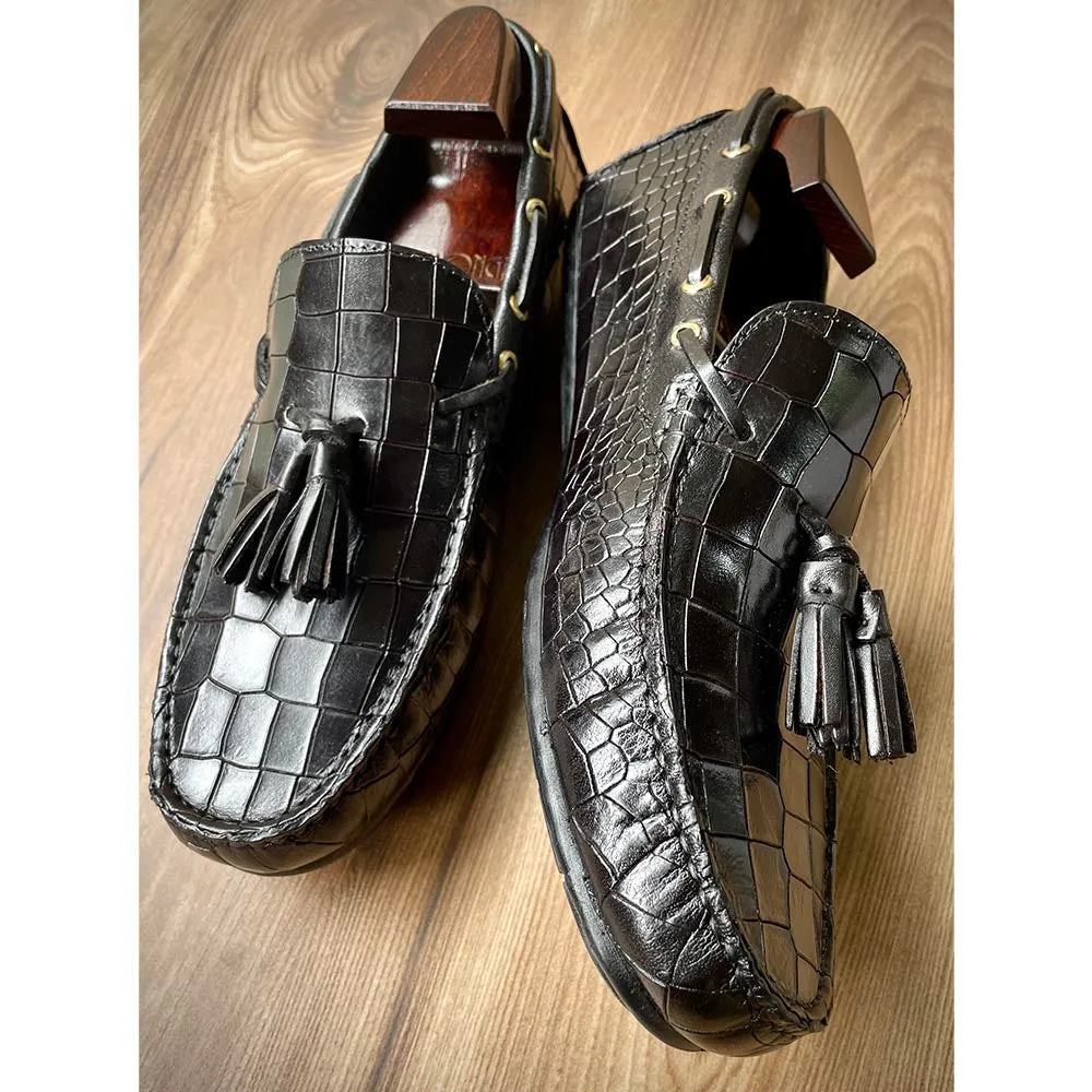 Black Croco Glossed Tassel Driving Loafers