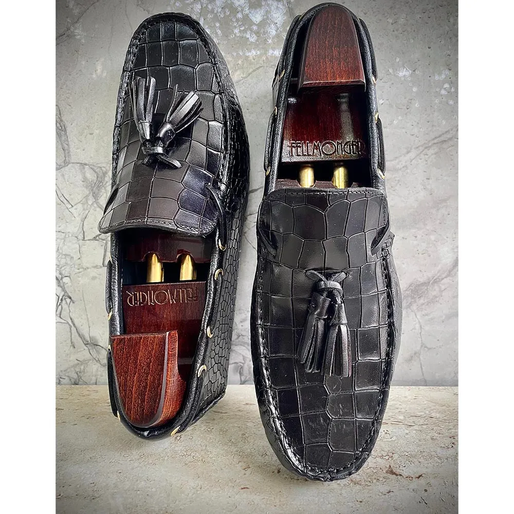 Black Croco Glossed Tassel Driving Loafers