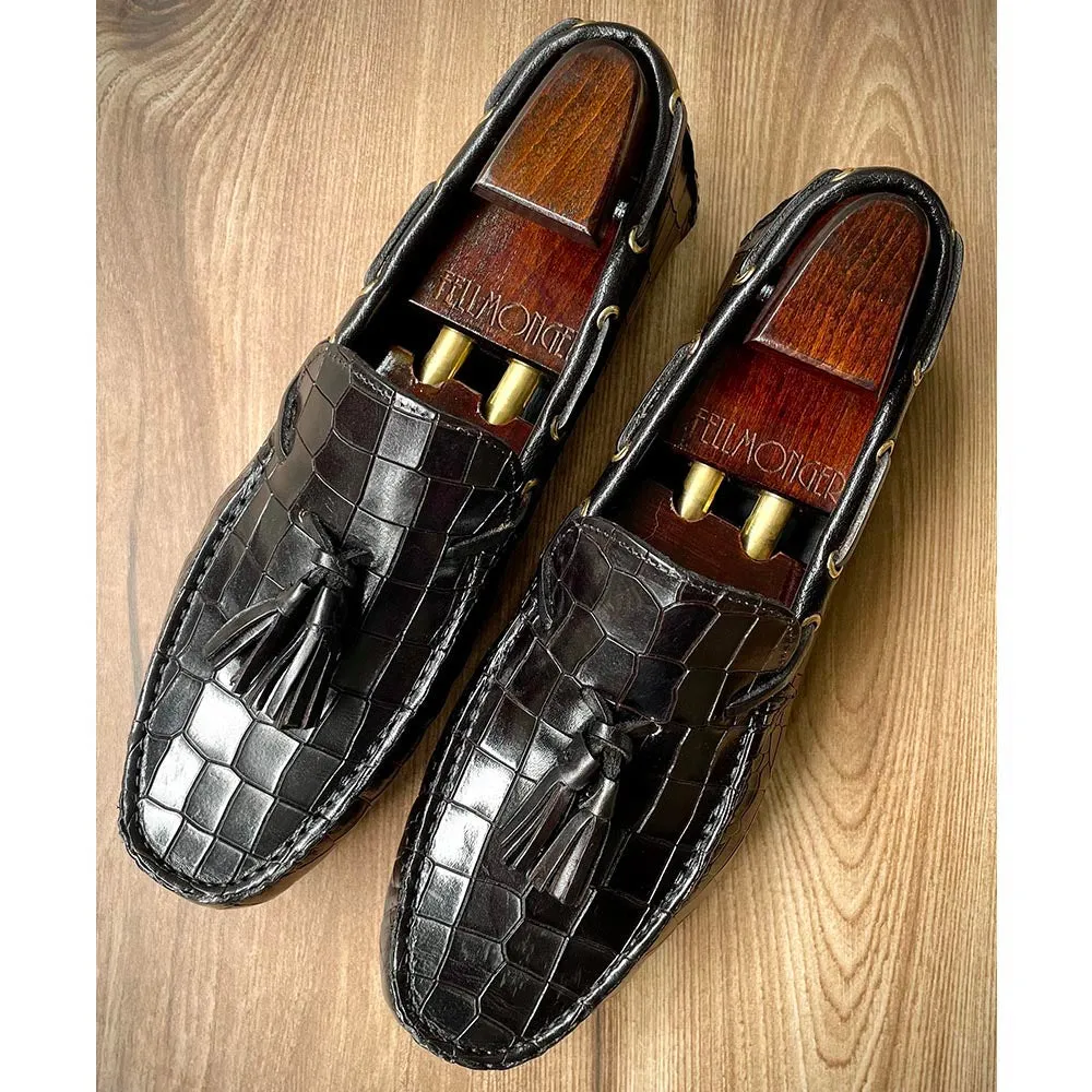 Black Croco Glossed Tassel Driving Loafers