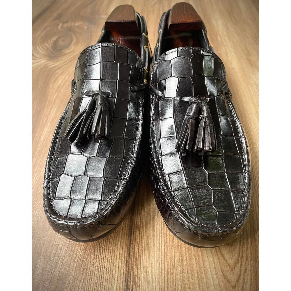 Black Croco Glossed Tassel Driving Loafers