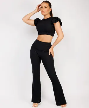 Black Ribbed Frill Shoulder Short Sleeve Top & Skinny Flared Trouser Set