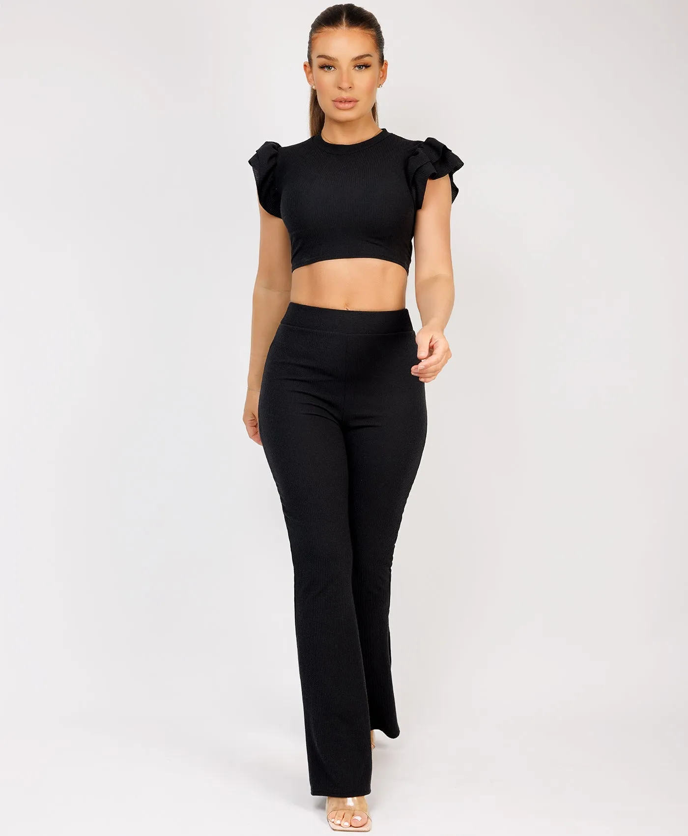 Black Ribbed Frill Shoulder Short Sleeve Top & Skinny Flared Trouser Set