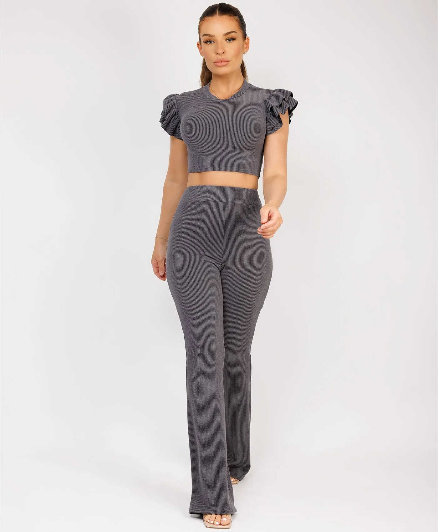 Charcoal Grey Ribbed Frill Shoulder Short Sleeve Top & Skinny Flared Trouser Set