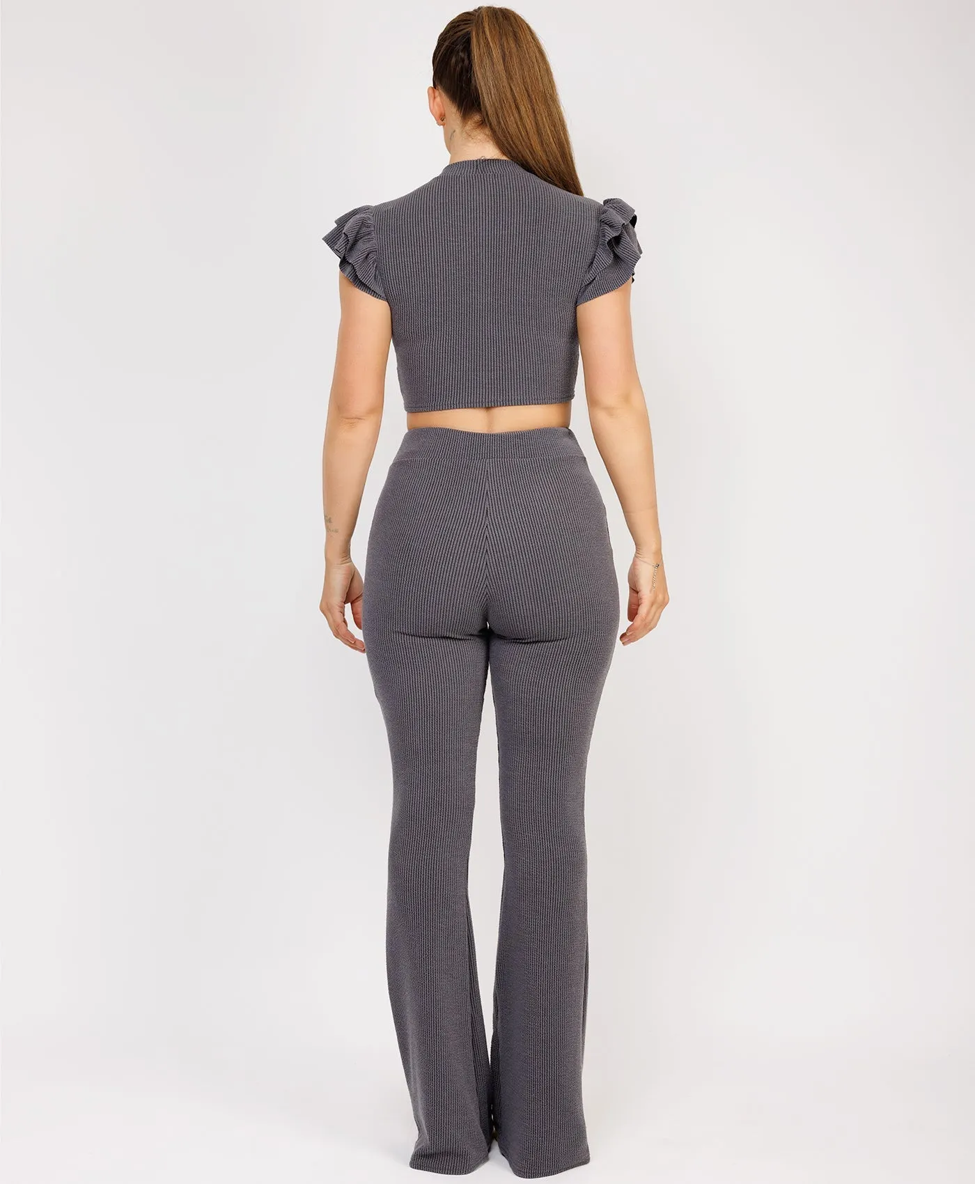 Charcoal Grey Ribbed Frill Shoulder Short Sleeve Top & Skinny Flared Trouser Set