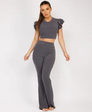 Charcoal Grey Ribbed Frill Shoulder Short Sleeve Top & Skinny Flared Trouser Set