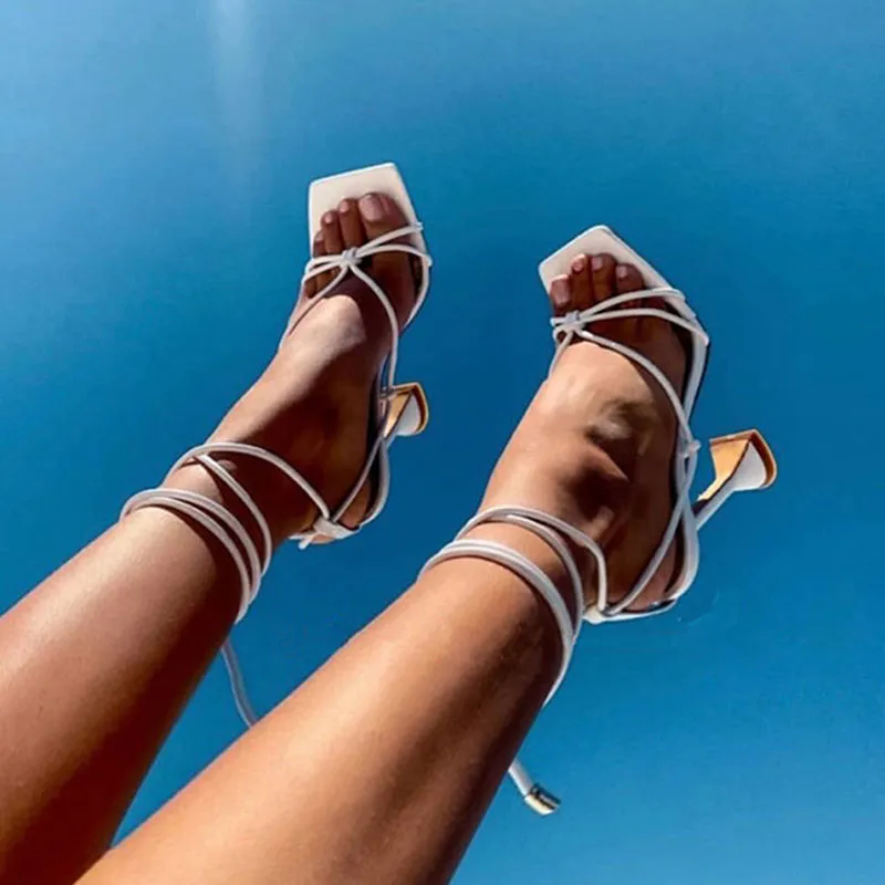 Chic Solid Color Square Toe Unique High Heel Sandals - White