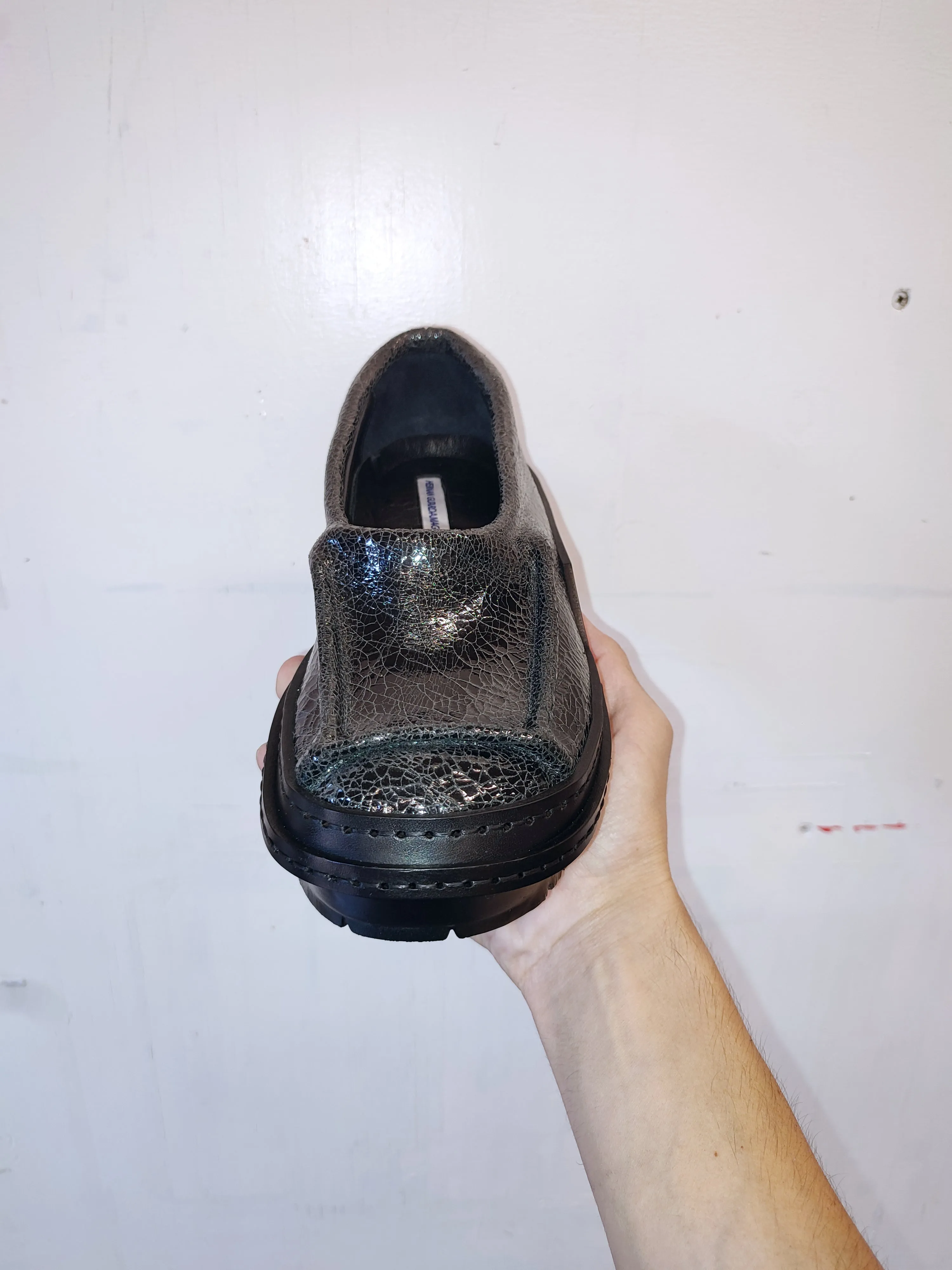 Cracked Black Patent Moccasins