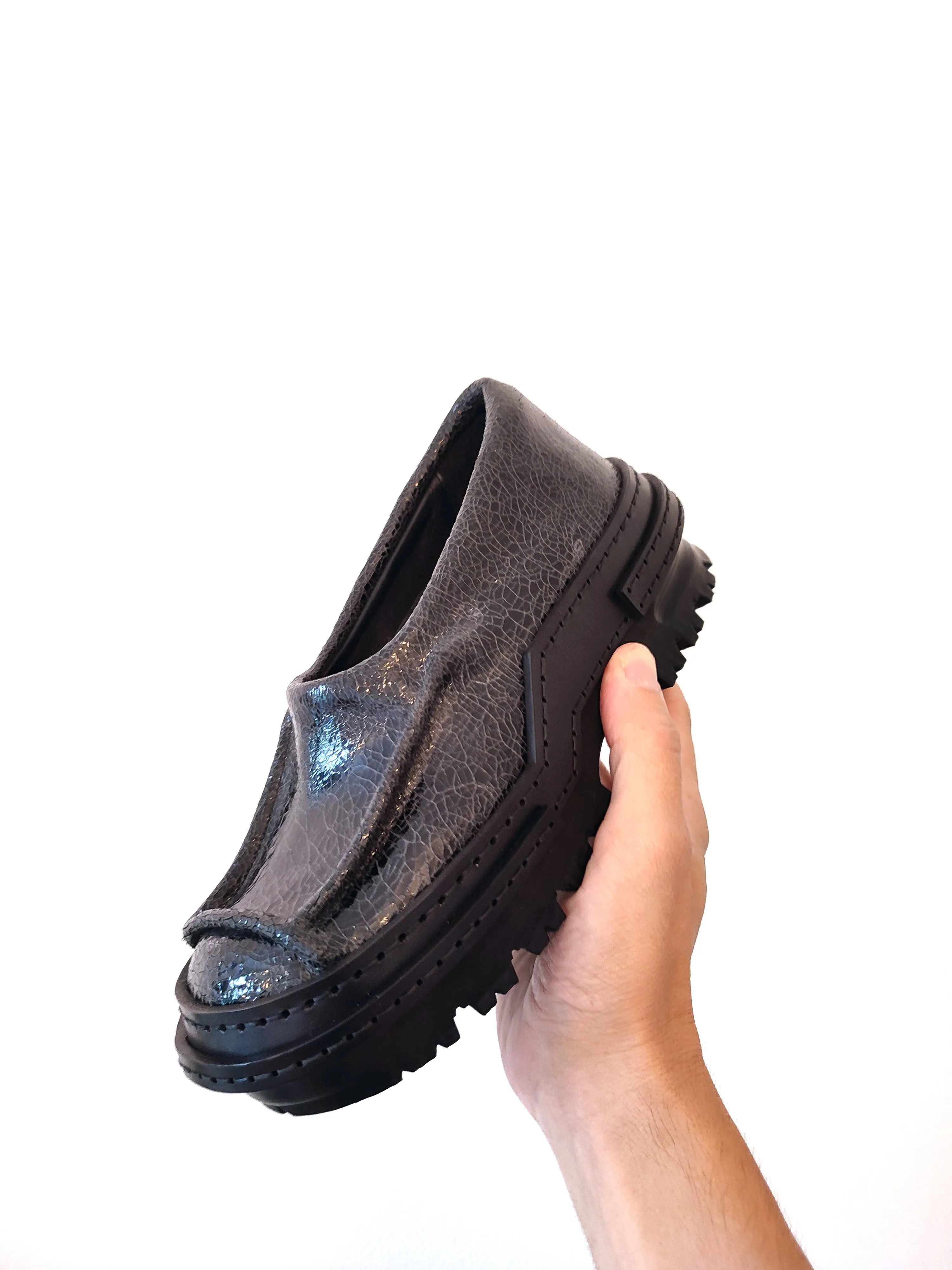 Cracked Black Patent Moccasins