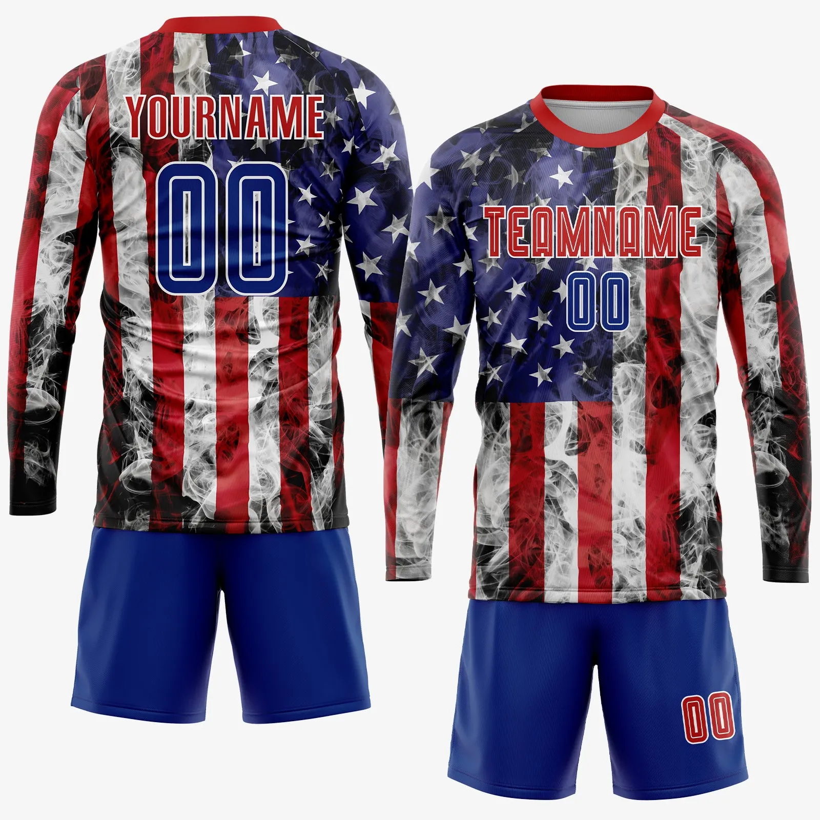 Custom White Royal-Red American Flag Fashion Sublimation Soccer Uniform Jersey