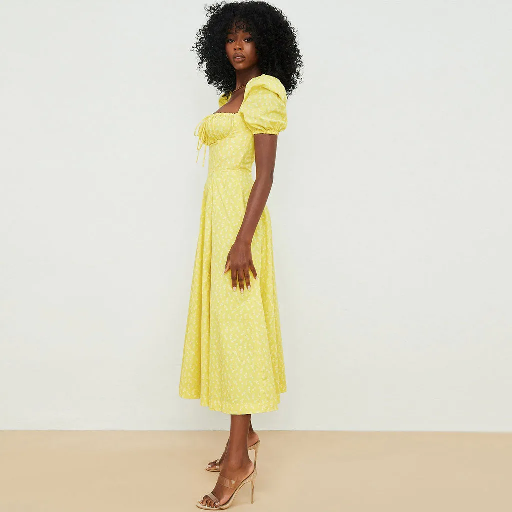 Daisy Printed Puff Sleeve High Slit Smock Maxi Sundress - Dark Yellow