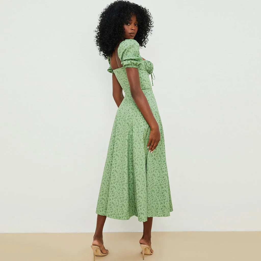 Daisy Printed Puff Sleeve High Slit Smock Maxi Sundress - Green