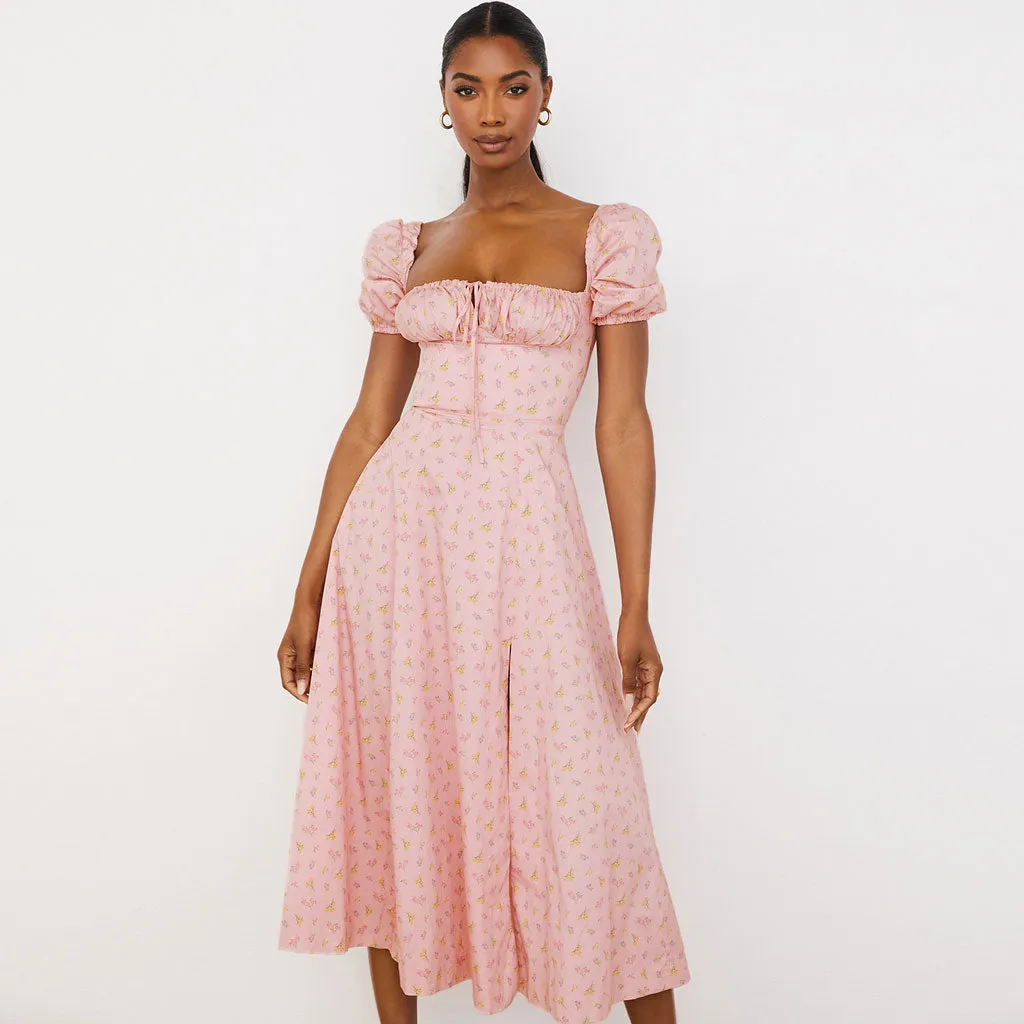 Daisy Printed Puff Sleeve High Slit Smock Maxi Sundress - Pink