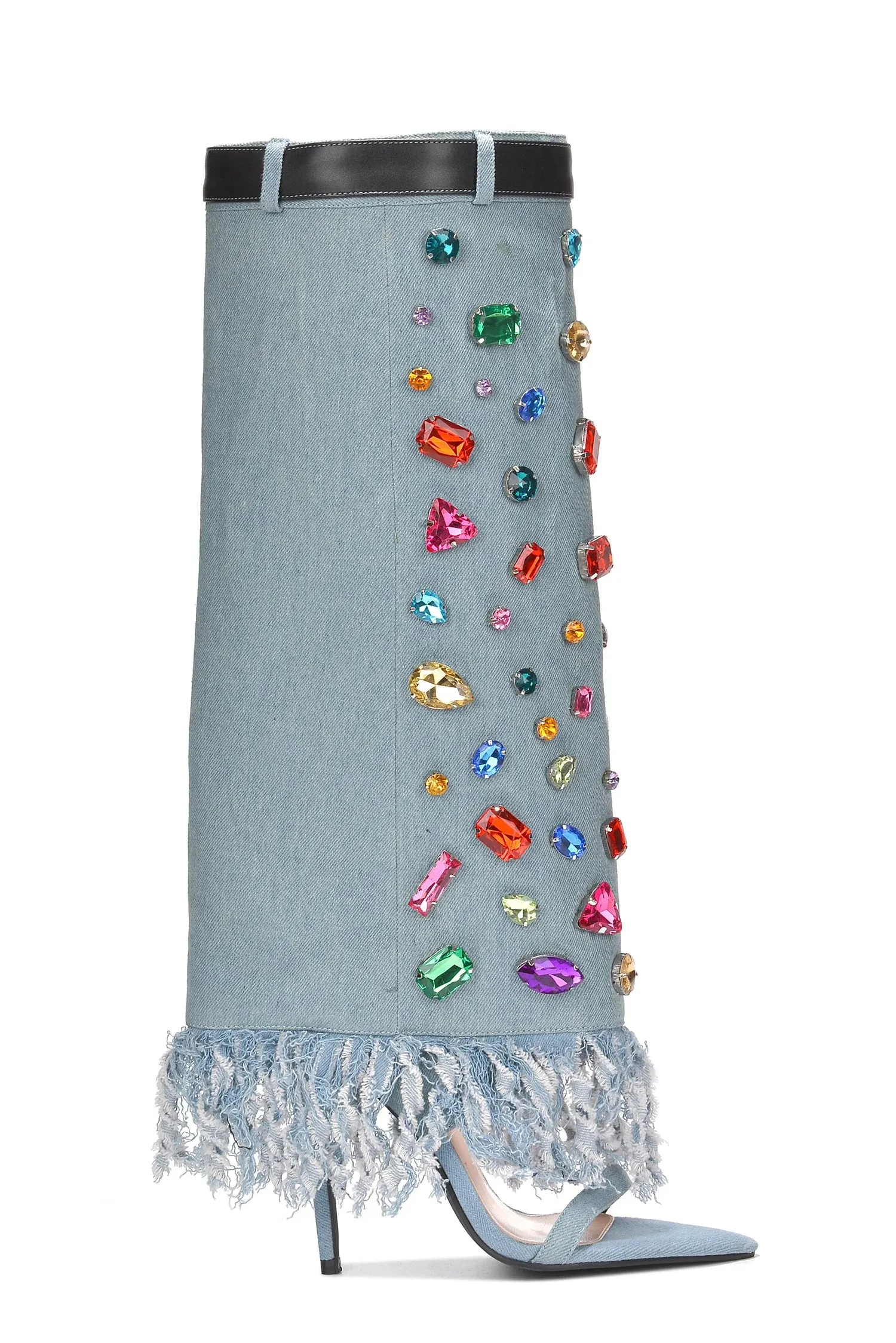 Denim Womens Rhinestone Jeweled Foldover Shaft Sandals