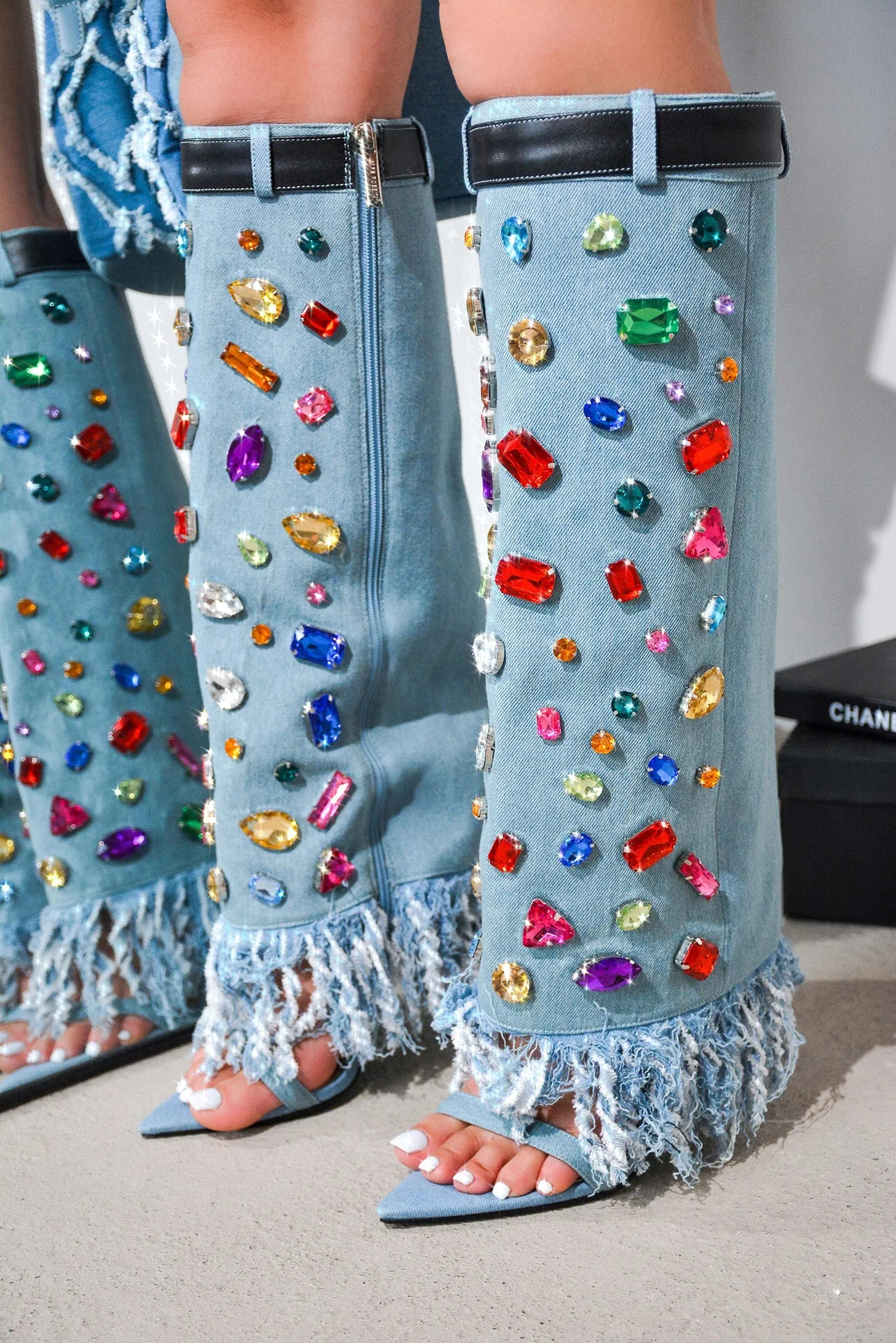 Denim Womens Rhinestone Jeweled Foldover Shaft Sandals