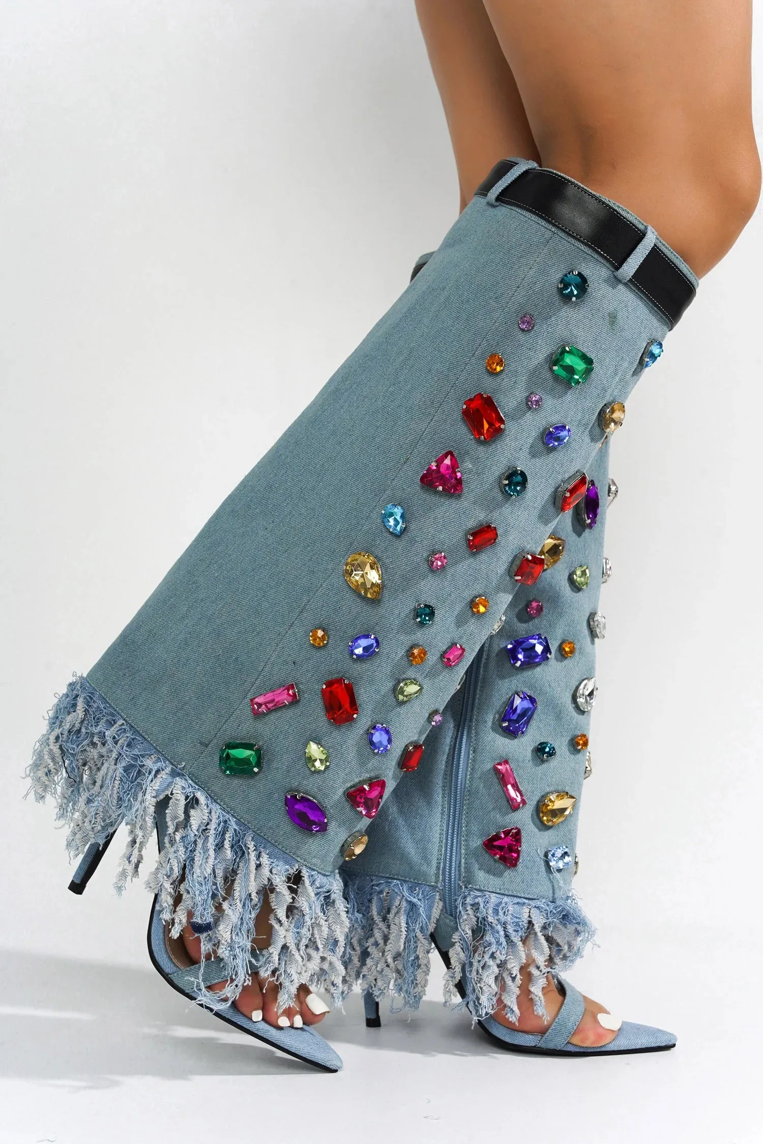 Denim Womens Rhinestone Jeweled Foldover Shaft Sandals