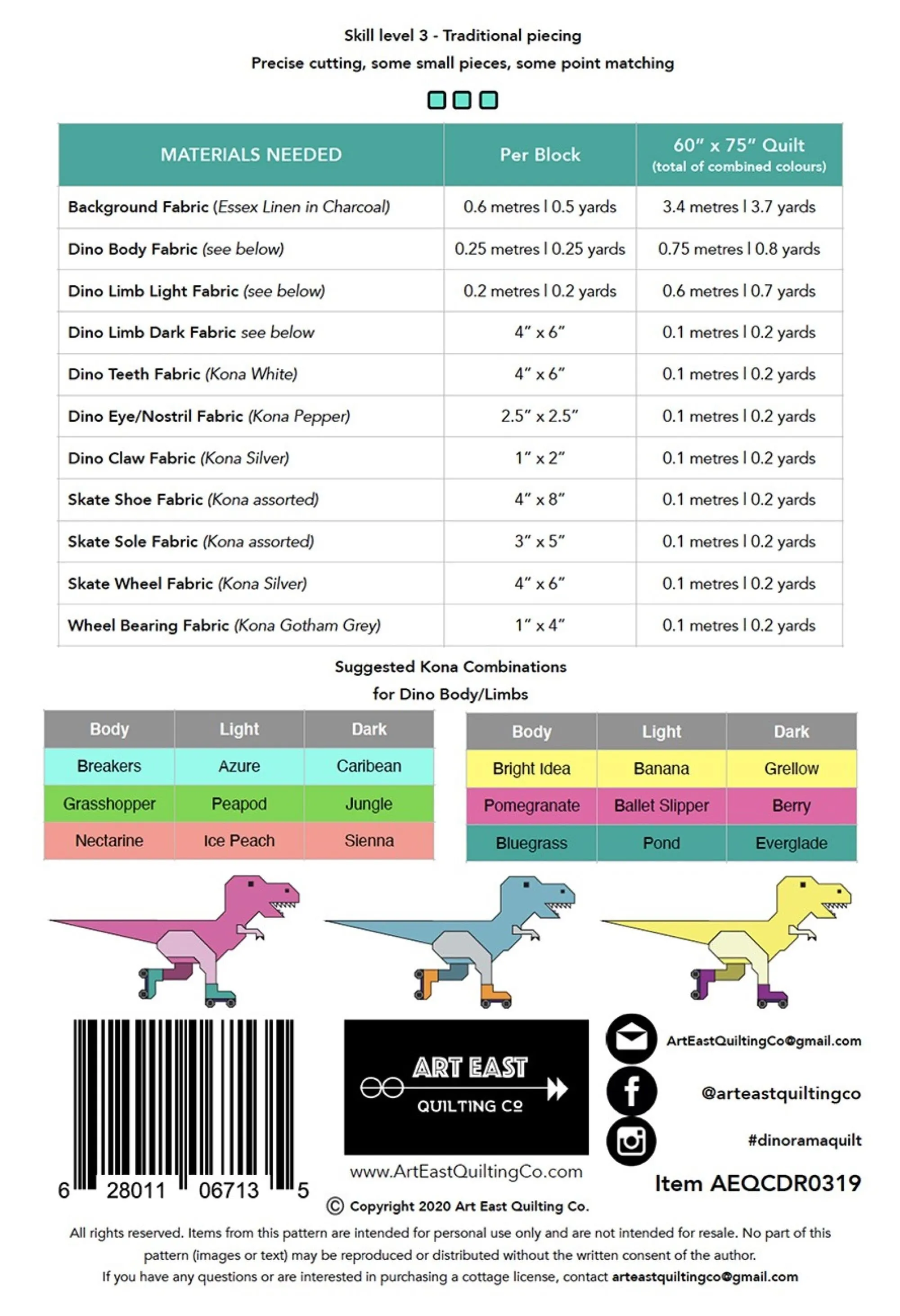 Dinorama Quilt Pattern T-Rex on Roller Skates Quilt - Art East Quilting Co - No Paper Piecing