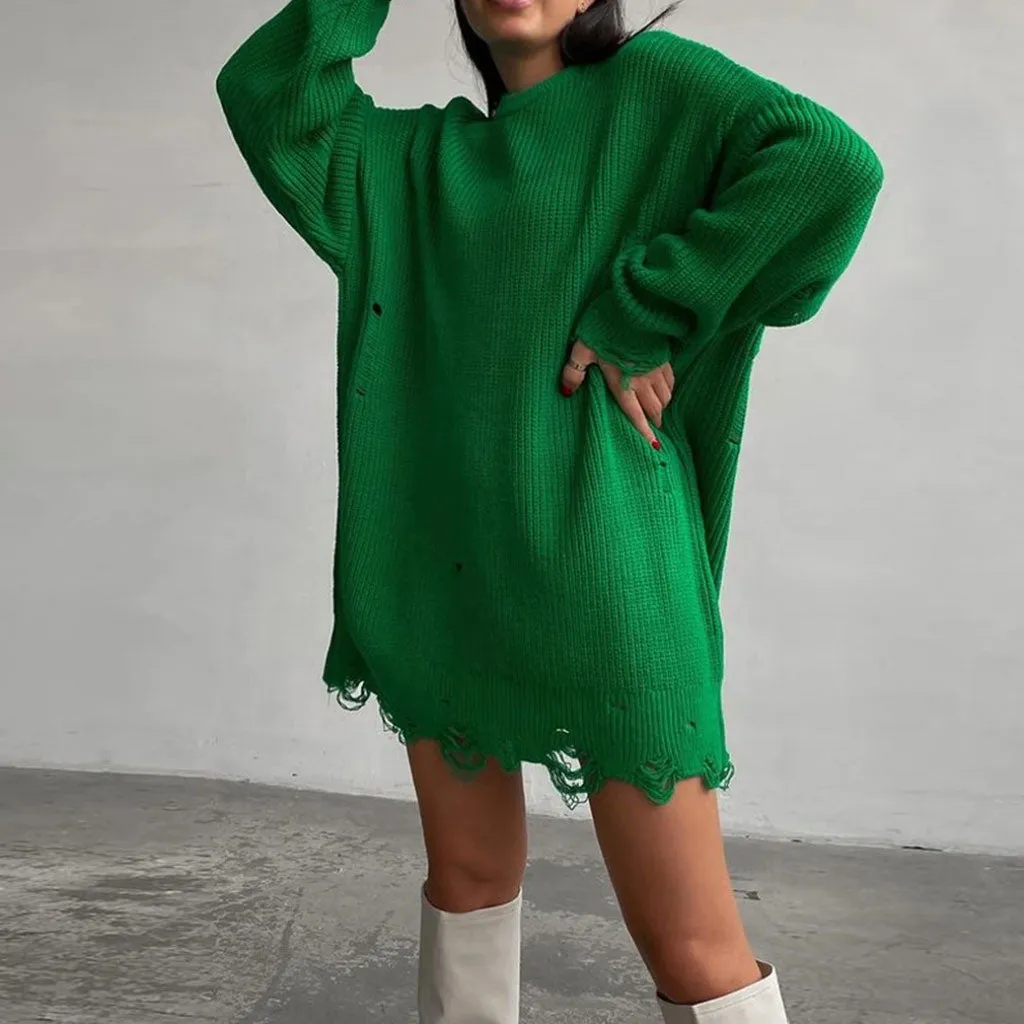 Distressed Trim Oversized Pullover Sweater Mini Dress - Emerald Green