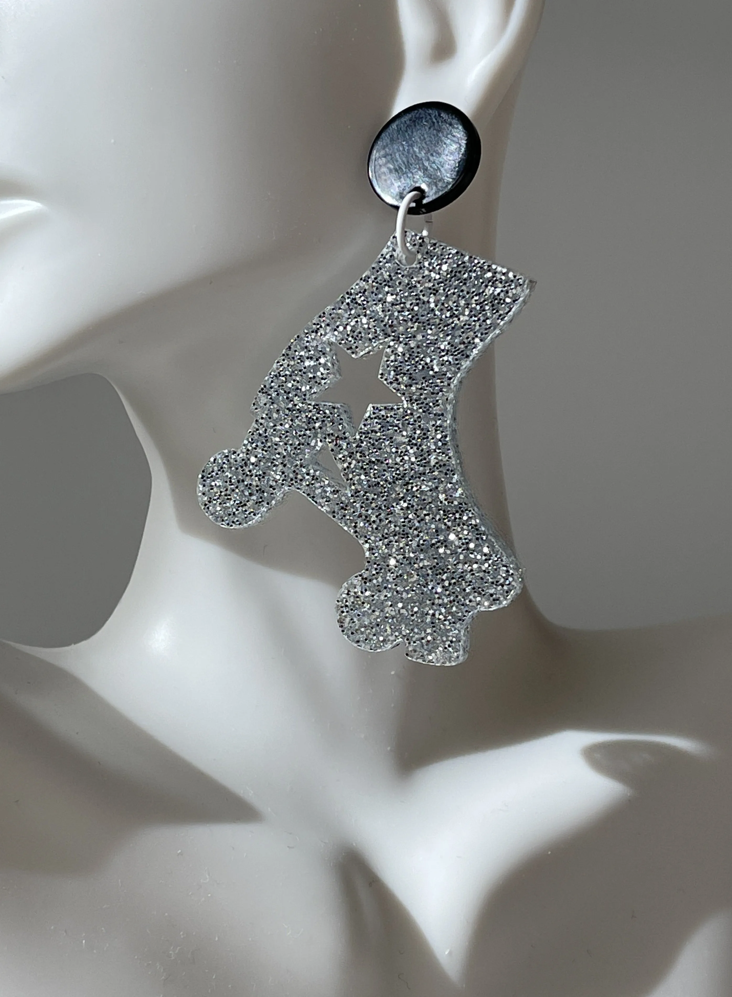Fantastic Plastic Jumbo Silver Glitter Roller Skate Charm Earrings