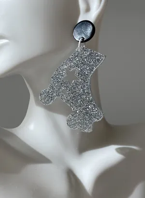 Fantastic Plastic Jumbo Silver Glitter Roller Skate Charm Earrings