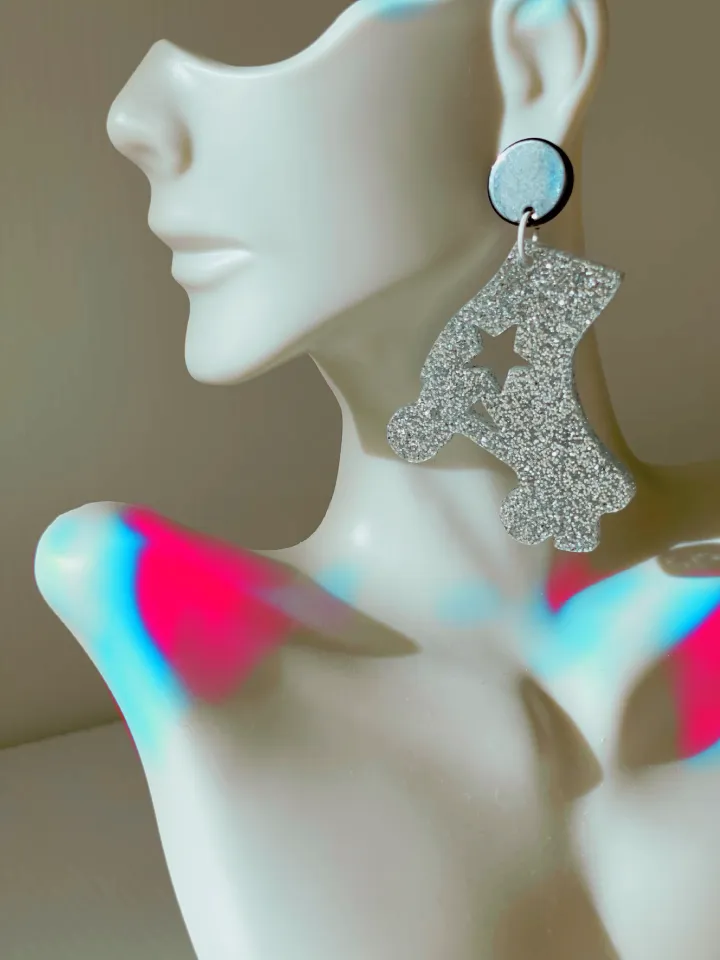 Fantastic Plastic Jumbo Silver Glitter Roller Skate Charm Earrings