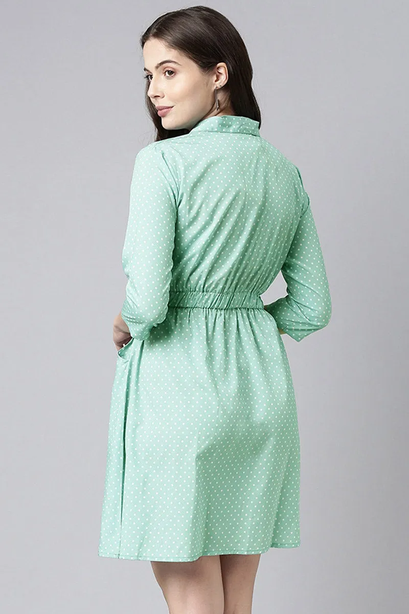 Green Crepe Polka Dot Mini Dress