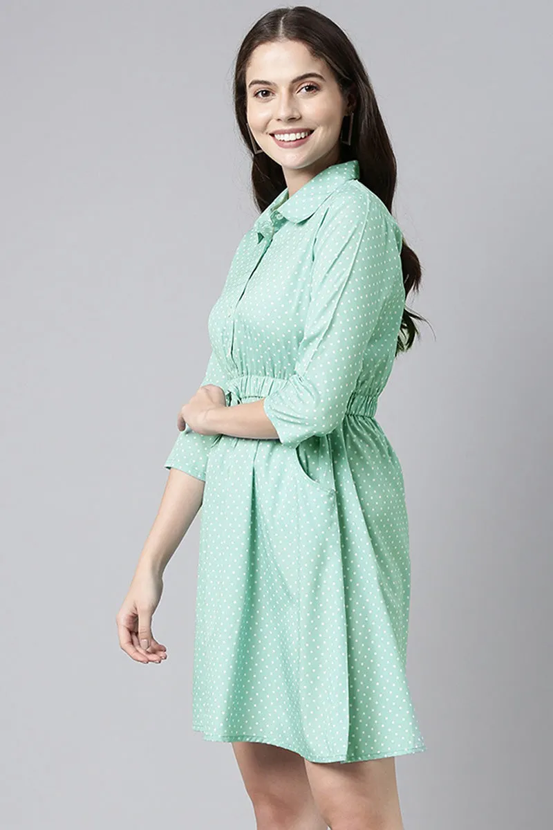 Green Crepe Polka Dot Mini Dress