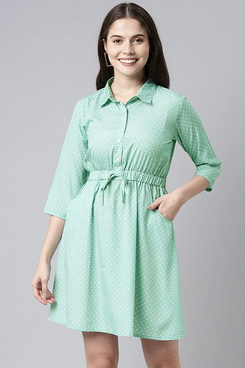 Green Crepe Polka Dot Mini Dress