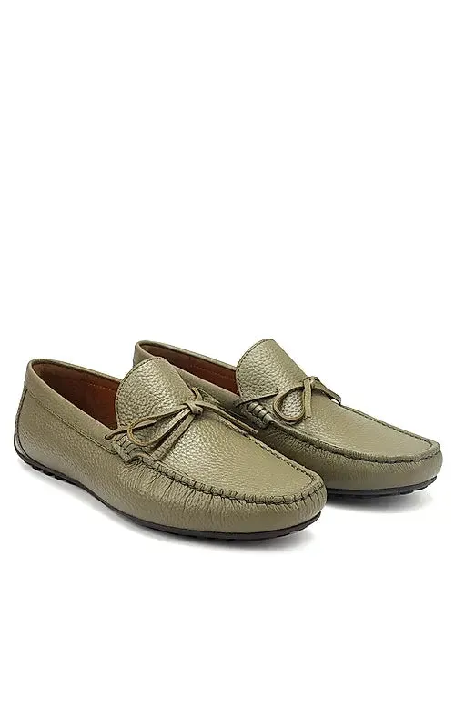 Green Leather Moccasins With Bow Detail