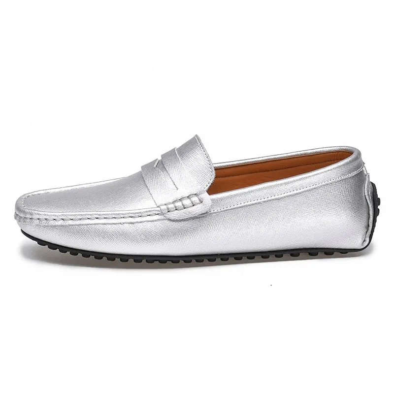 Hnzxzm Waterproof Canvas Loafers Men's Slip-On Flat Silver White Casual Shoes Leather Moccasin Soft Bottom Driving Wedding Shoes 38-49