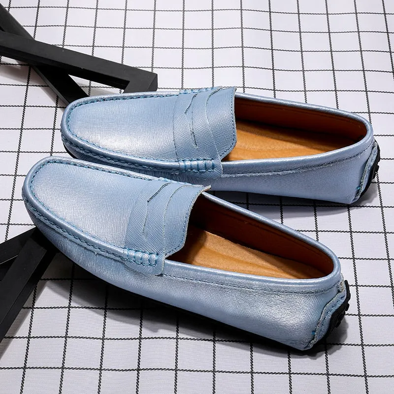 Hnzxzm Waterproof Canvas Loafers Men's Slip-On Flat Silver White Casual Shoes Leather Moccasin Soft Bottom Driving Wedding Shoes 38-49