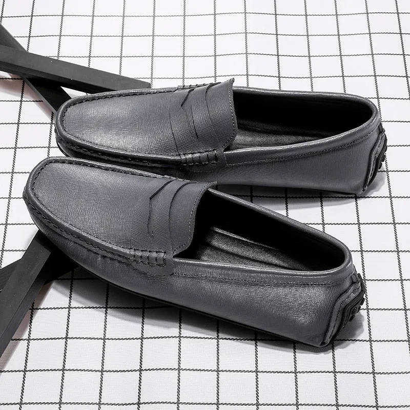 Hnzxzm Waterproof Canvas Loafers Men's Slip-On Flat Silver White Casual Shoes Leather Moccasin Soft Bottom Driving Wedding Shoes 38-49