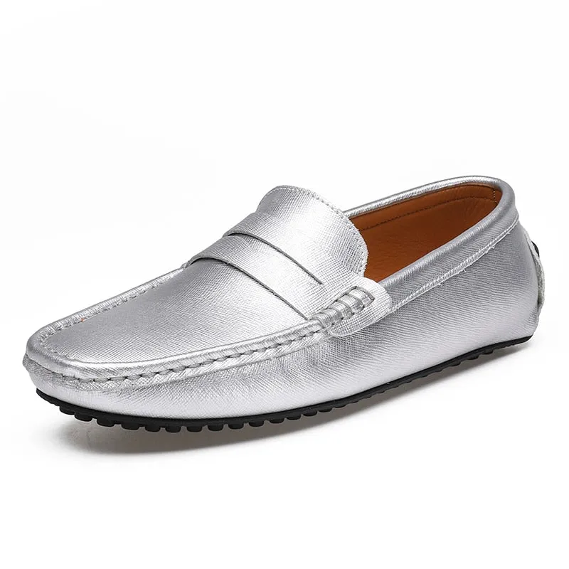 Hnzxzm Waterproof Canvas Loafers Men's Slip-On Flat Silver White Casual Shoes Leather Moccasin Soft Bottom Driving Wedding Shoes 38-49